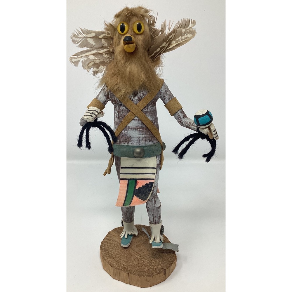 Owl Dancer Kachina Doll Signed Silvisiti Handcrafted Wood Feather 10.5 Inch